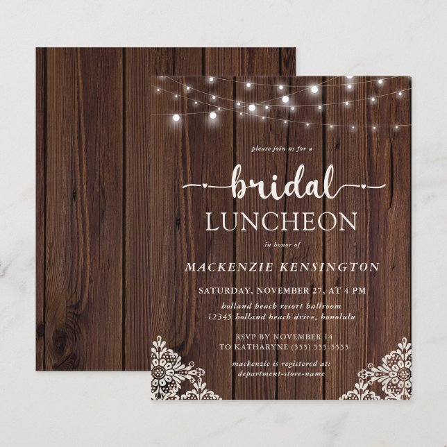 Budget Wood Lights Lace Bridal Shower Invitation (Front/Back)