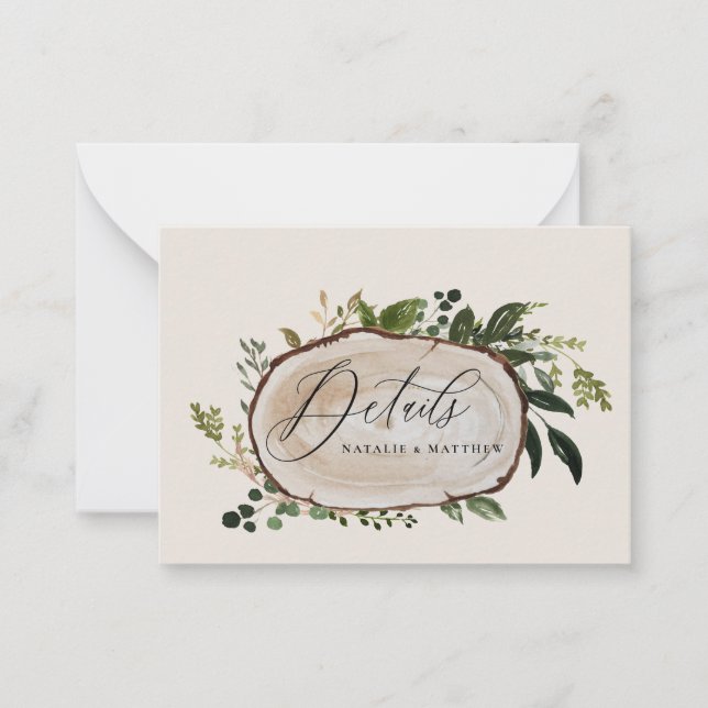 budget wood slice wedding details save the date note card (Front)