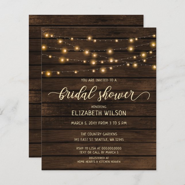 Budget Wood String lights Bridal Shower Invitation (Front/Back)