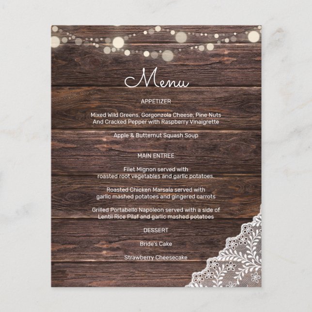 Budget Wood, String Lights & Lace Menu Flyer (Front)