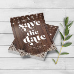 BUDGET Wood String Lights Lace Save the Date PAPER<br><div class="desc">Budget Rustic Wood String Lights Lace Wedding Save the Date FLYERS featuring a rustic wood background with twinkling strings of lights and vintage style lace in the bottom corners. The word wedding is set off in rustic, retro western typography, making this the perfect design for your boho or country wedding....</div>