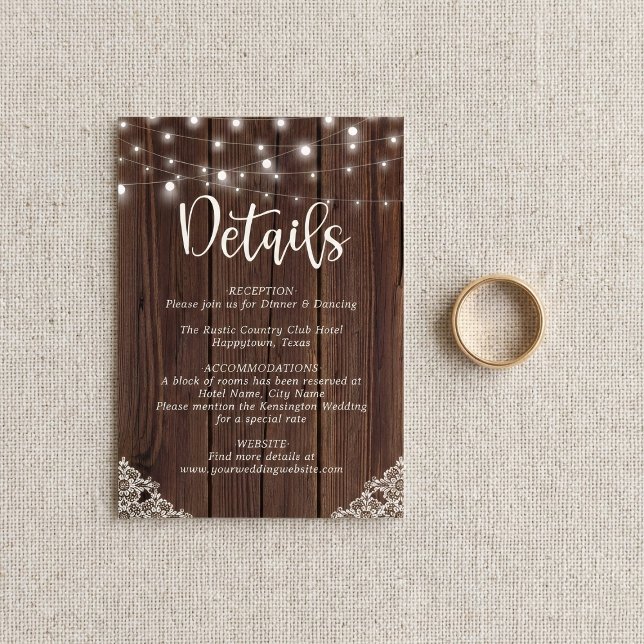 BUDGET Wood String Lights Lace Wedding Details Note Card (Creator Uploaded)