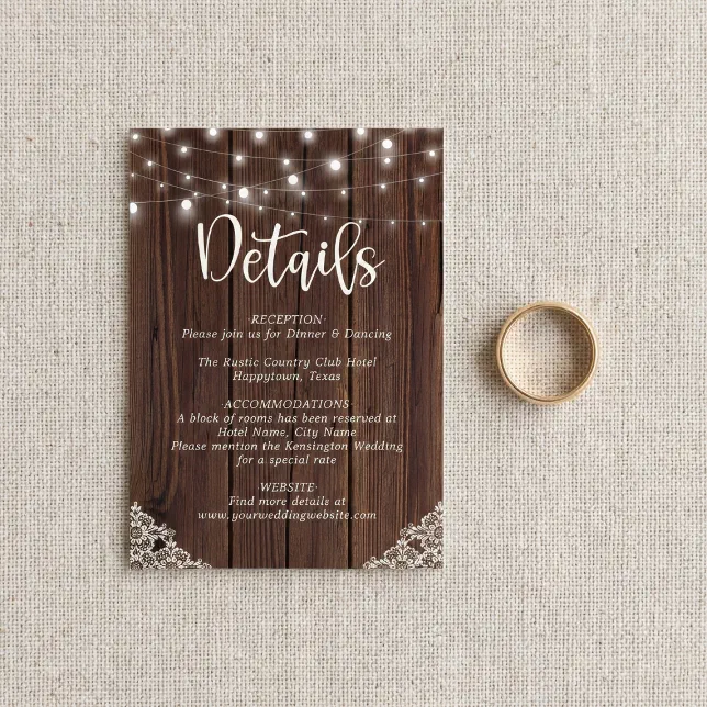 BUDGET Wood String Lights Lace Wedding Details Note Card | Zazzle