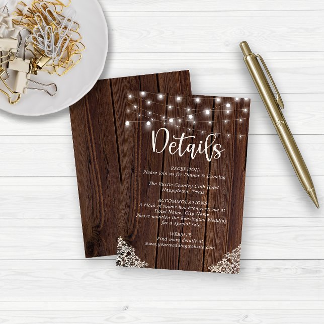 BUDGET Wood String Lights Lace Wedding Details Note Card (Creator Uploaded)