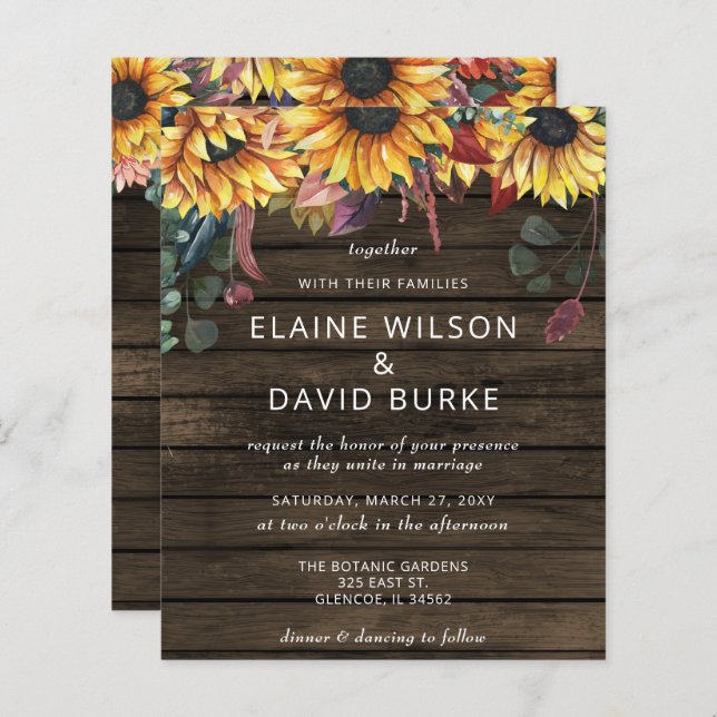 Budget Wood Sunflowers Wedding Invitation (Front/Back)