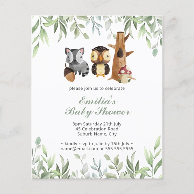 Budget Woodland Animals Greenery Baby Shower Flyer (Front)