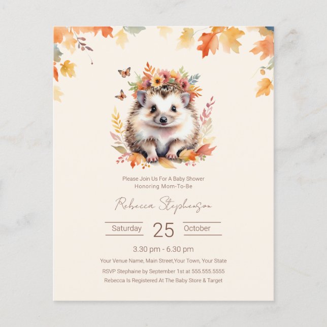 Budget Woodland Cute Hedgehog Fall Baby Shower  (Front)