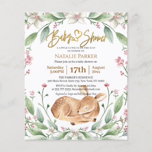 Budget Woodland Deer Sage Green Floral Baby Shower Flyer