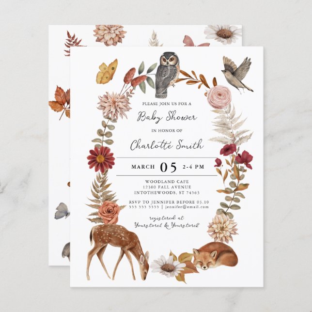 Budget Woodland Forest Animals Baby Shower Invite (Front/Back)