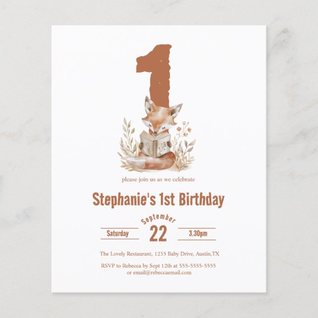 Budget Woodland Fox Reading a Book 1st Birthday  (Front)