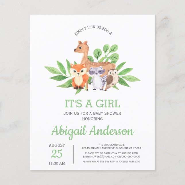BUDGET Woodland It's A Girl Baby Shower Invitation Flyer (Front)