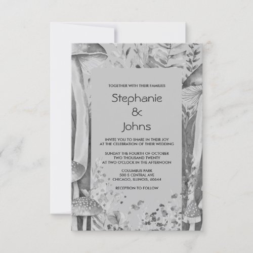 Budget Woodland Mushrooms Grey Black White Wedding Invitation