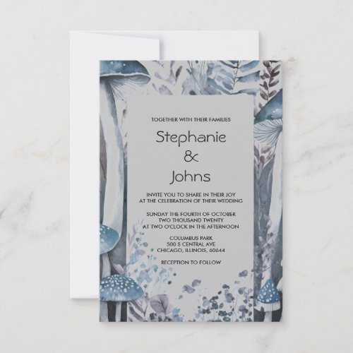 Budget Woodland Mushrooms Grey Blue Rustic Wedding Invitation