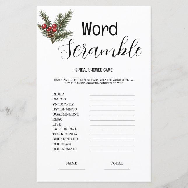 Budget Word Scrumble Bridal Shower Game  (Front)