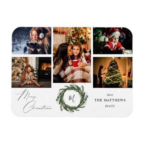 Budget Wreath Monogram 5 Photo Merry Christmas Magnet