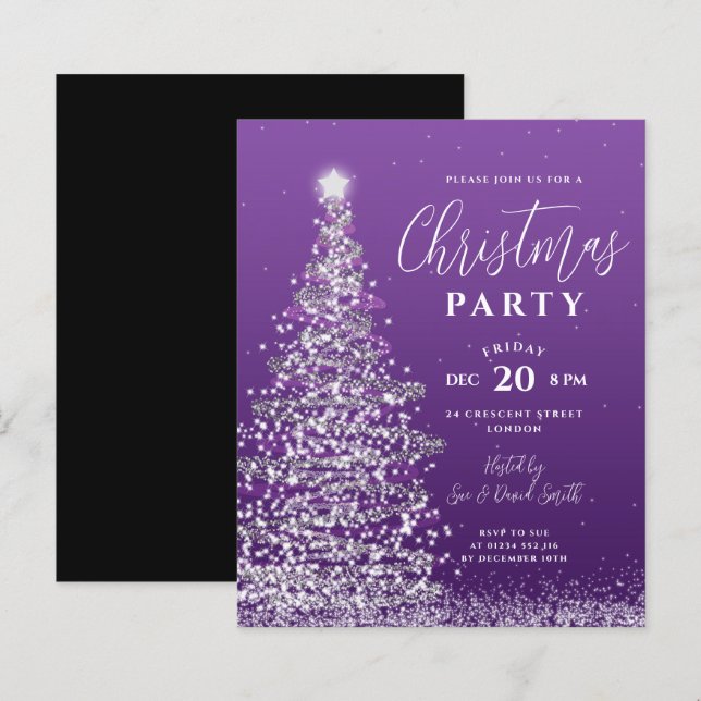 Budget Xmas Tree Silver Purple Holiday Invite  (Front/Back)