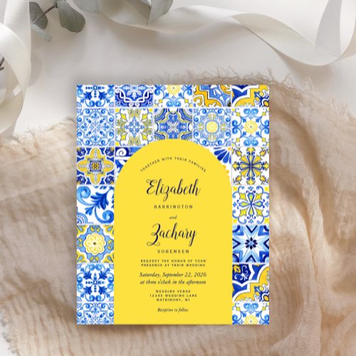 Budget Yellow Arch Blue Tile Wedding Invitation