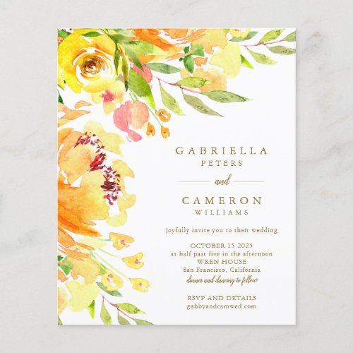 Budget Yellow Floral Watercolor Wedding Invite