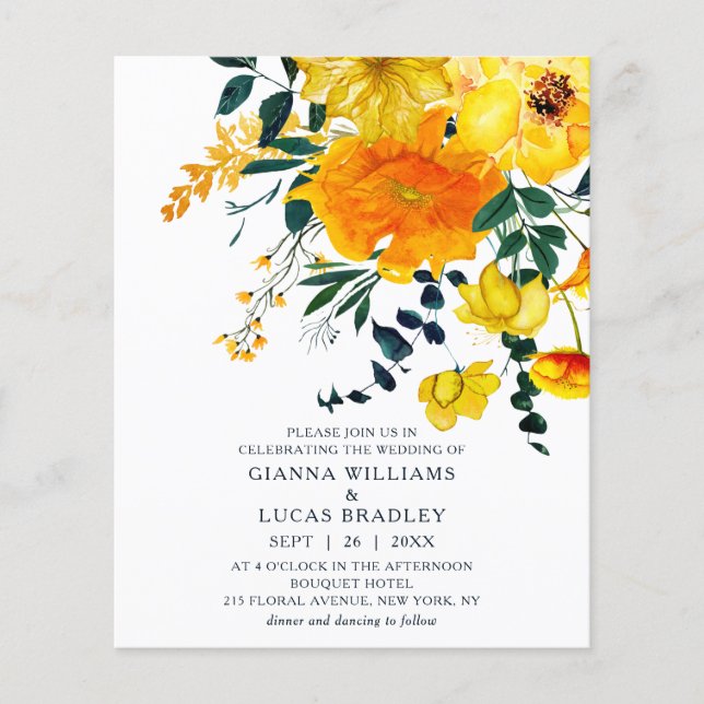 Budget Yellow Floral Wedding Invitation Flyer (Front)