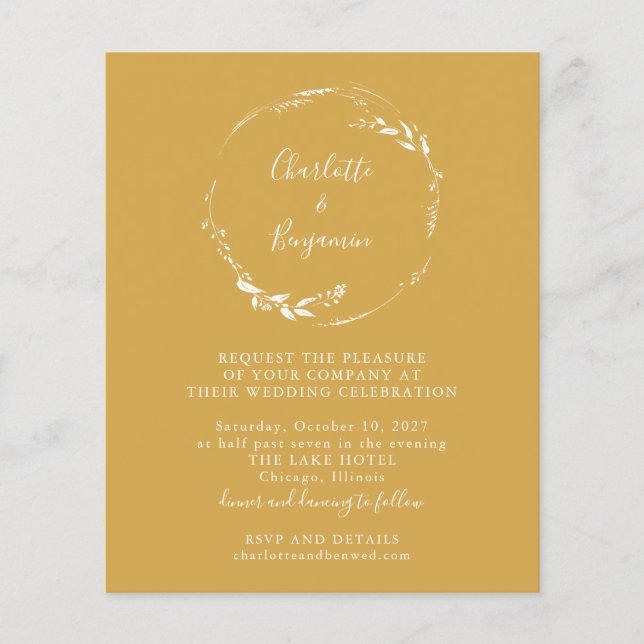 Budget Yellow Floral Wreath Script Wedding Invite (Front)