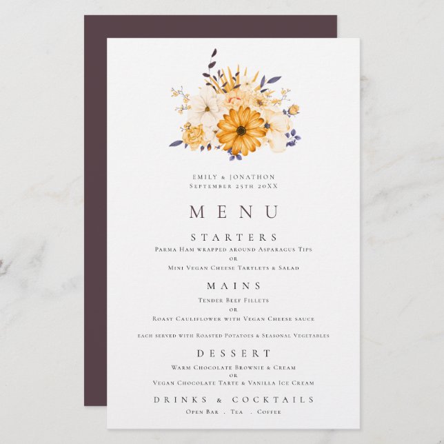 Budget Yellow Florals Foliage Wedding Menu (Front/Back)