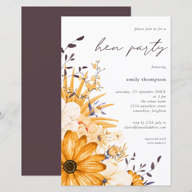 Budget Yellow Gray Floral Hen Party Invitation (Front/Back)