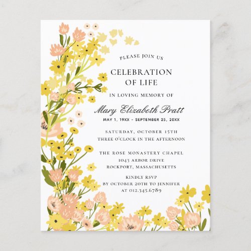 Budget Yellow Pink Foral Funeral Invitation