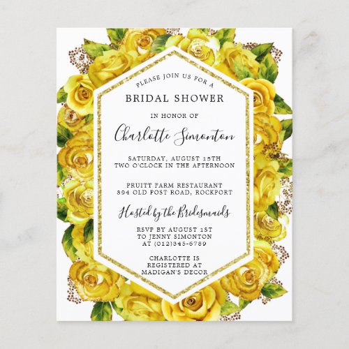 Budget Yellow Rose Bridal Shower Invitation