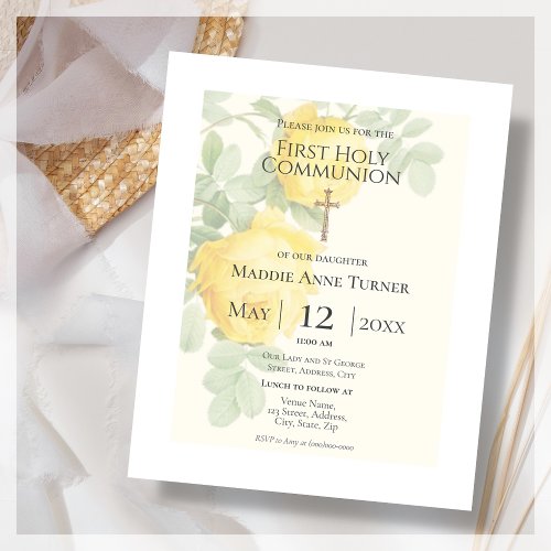 Budget Yellow Rose First Holy Communion Invitation