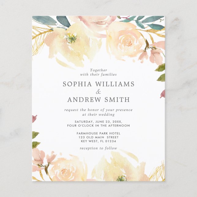 Budget Yellow Rose Floral Wedding Invitation (Front)