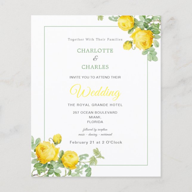 Budget Yellow Roses Elegant Floral Wedding Invite Flyer (Front)