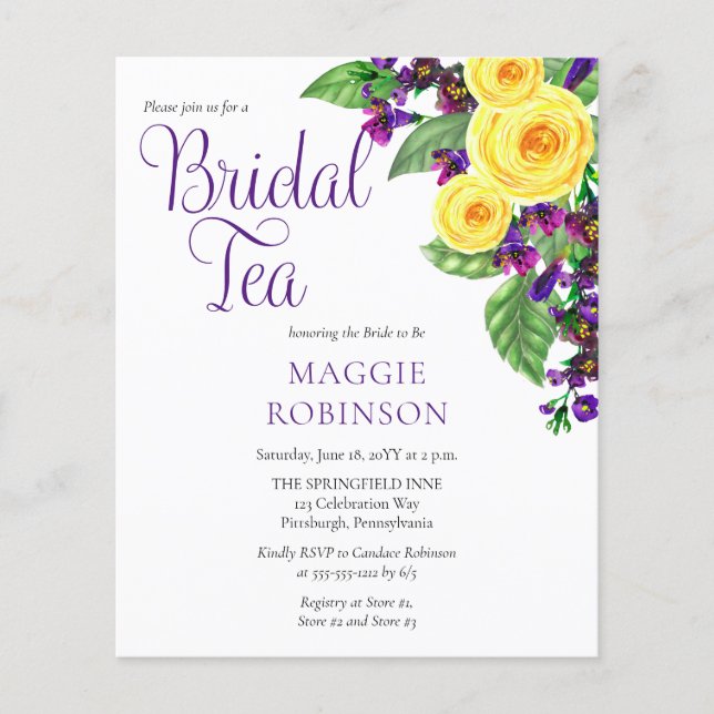 BUDGET Yellow Roses Violets Boho Floral Bridal Tea (Front)