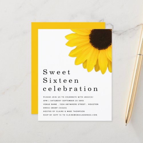 Budget Yellow Sunflower Sweet Sixteen Invite