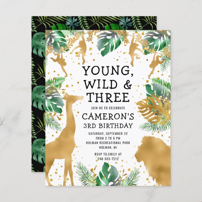 Budget Young Wild Three 3rd Birthday Invite (Front/Back)