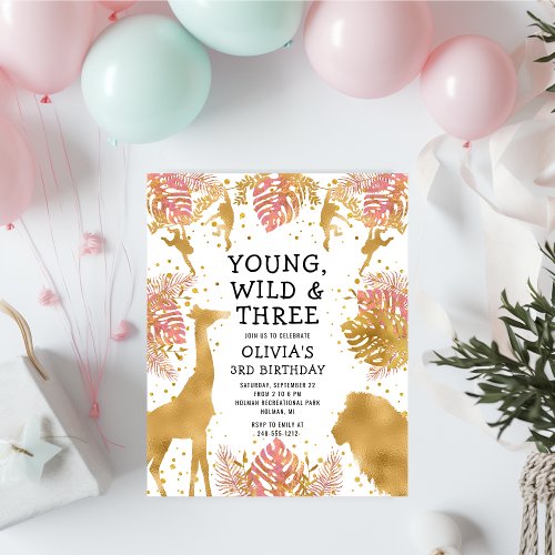 Budget Young Wild Three Pink 3rd Birthday Invite