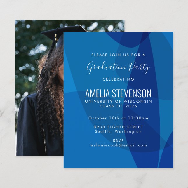 BudgetAbstract Blue Photo Graduation Party Invite (Front/Back)