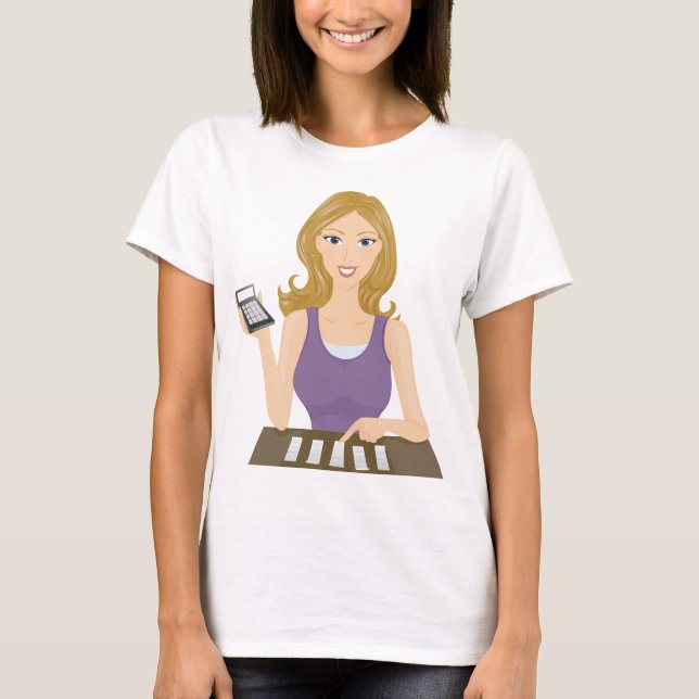 Budgeting Woman with Calculator Personal Finance T-Shirt (Front)