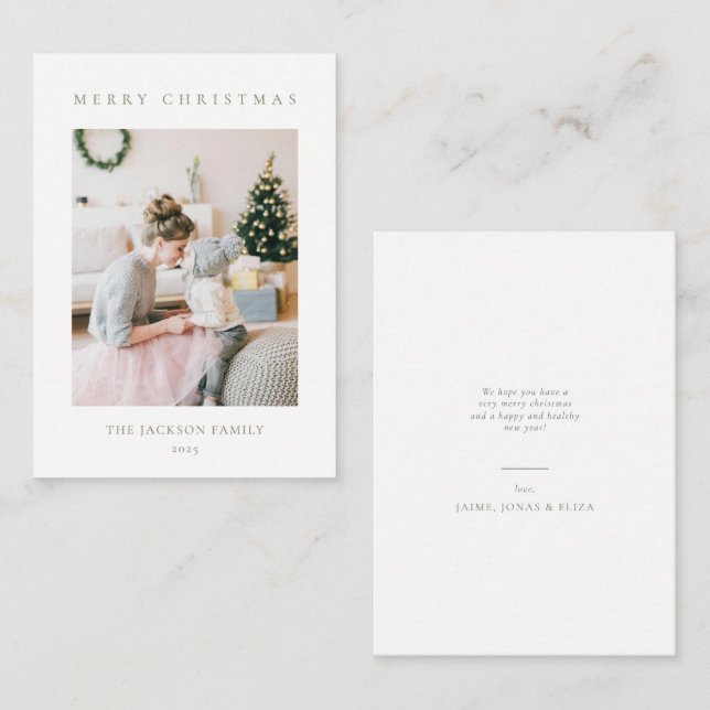 BUDGETMinimalist Olive Green Merry Christmas Photo Note Card (Front/Back)
