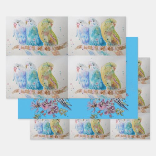 Budgie art Flower Floral Blue Bird Watercolor Wrapping Paper Sheets