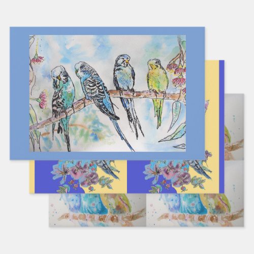 Budgie art Flower Floral Blue Bird Watercolor Wrapping Paper Sheets