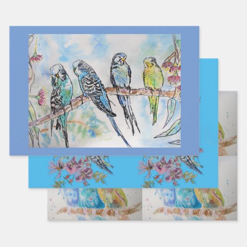 Budgie art Flower Floral Blue Bird Watercolor Wrapping Paper Sheets