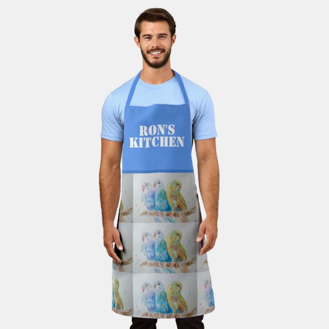 Budgie Bird Cute Watercolor Art Blue Mans Kitchen Apron (Worn)