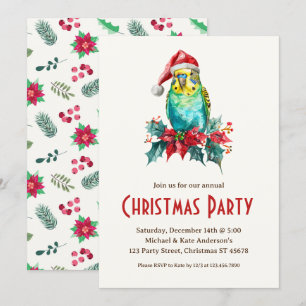 Budgie Bird Parakeet Santa Hat Christmas Party Invitation