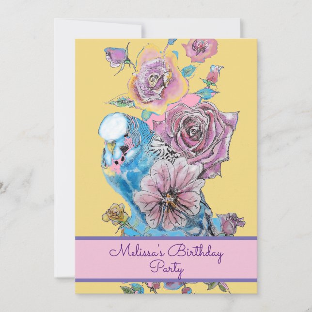 Budgie Blue Bird Birthday Childs Girls Pink Floral Invitation (Front)