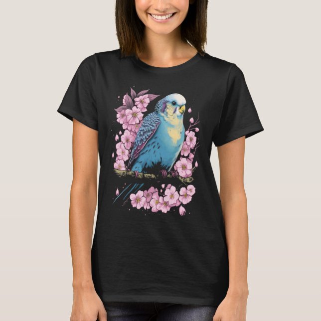 Budgie Budgerigar Bird Japanese Cherry Sakura Flow T-Shirt (Front)