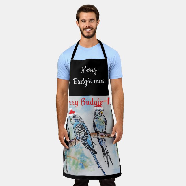 Budgie Budgerigar Christmas Merry Budgie-mas Apron (Worn)