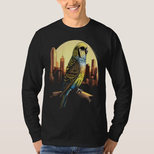 Budgie Budgerigar Parakeet City Skyline Parrot Bir T-Shirt (Front)