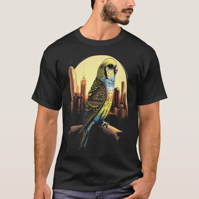 Budgie Budgerigar Parakeet City Skyline Parrot Bir T-Shirt (Front)