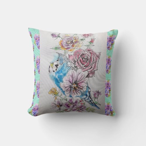 Budgie Budgerigar Rose Watercolor floral Cushion