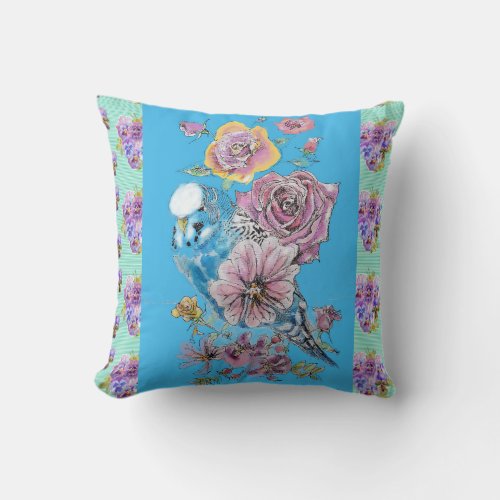 Budgie Budgerigar Rose Watercolor floral Cushion